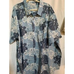 Real Essentials Mens 4XT Blue Monstera Leaf Tropical Cotton Button Down Shirt